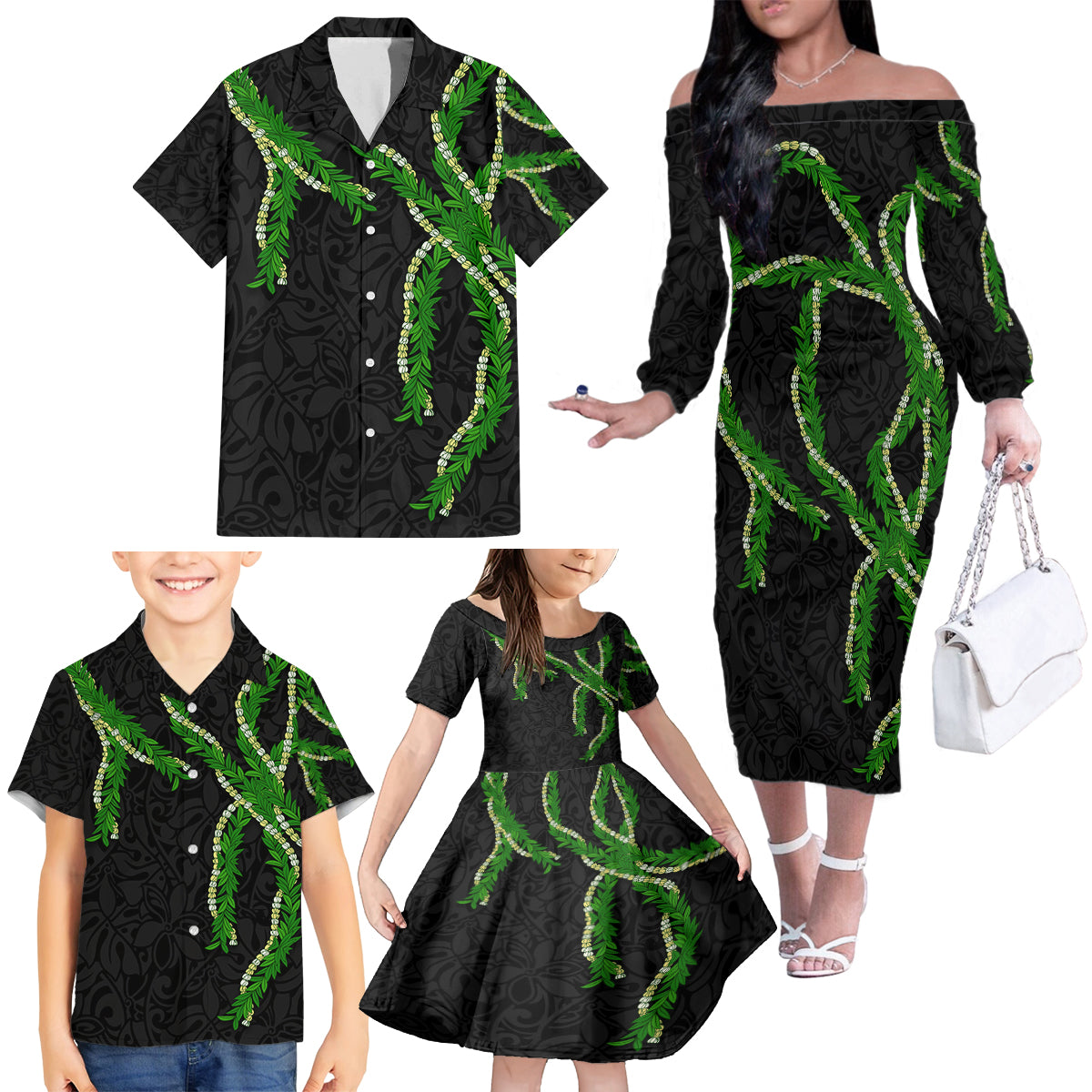 Hawaii Maile Lei Family Matching Off The Shoulder Long Sleeve Dress and Hawaiian Shirt Aloha Black Color LT03 - Polynesian Pride
