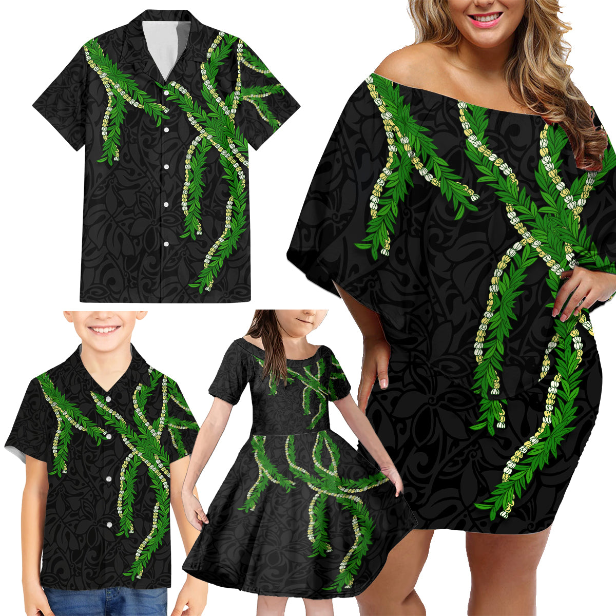 Hawaii Maile Lei Family Matching Off Shoulder Short Dress and Hawaiian Shirt Aloha Black Color LT03 - Polynesian Pride