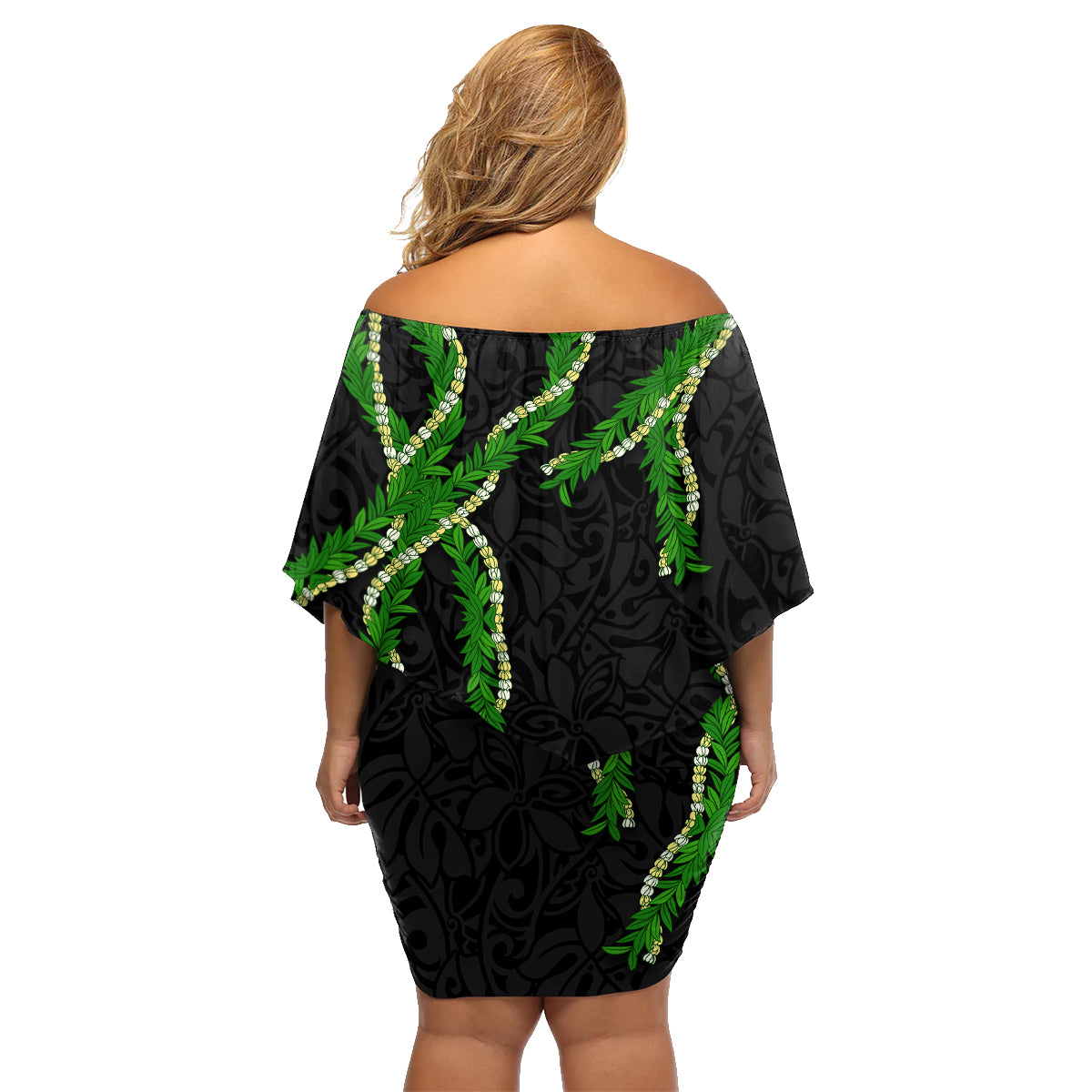 Hawaii Maile Lei Family Matching Off Shoulder Short Dress and Hawaiian Shirt Aloha Black Color LT03 - Polynesian Pride