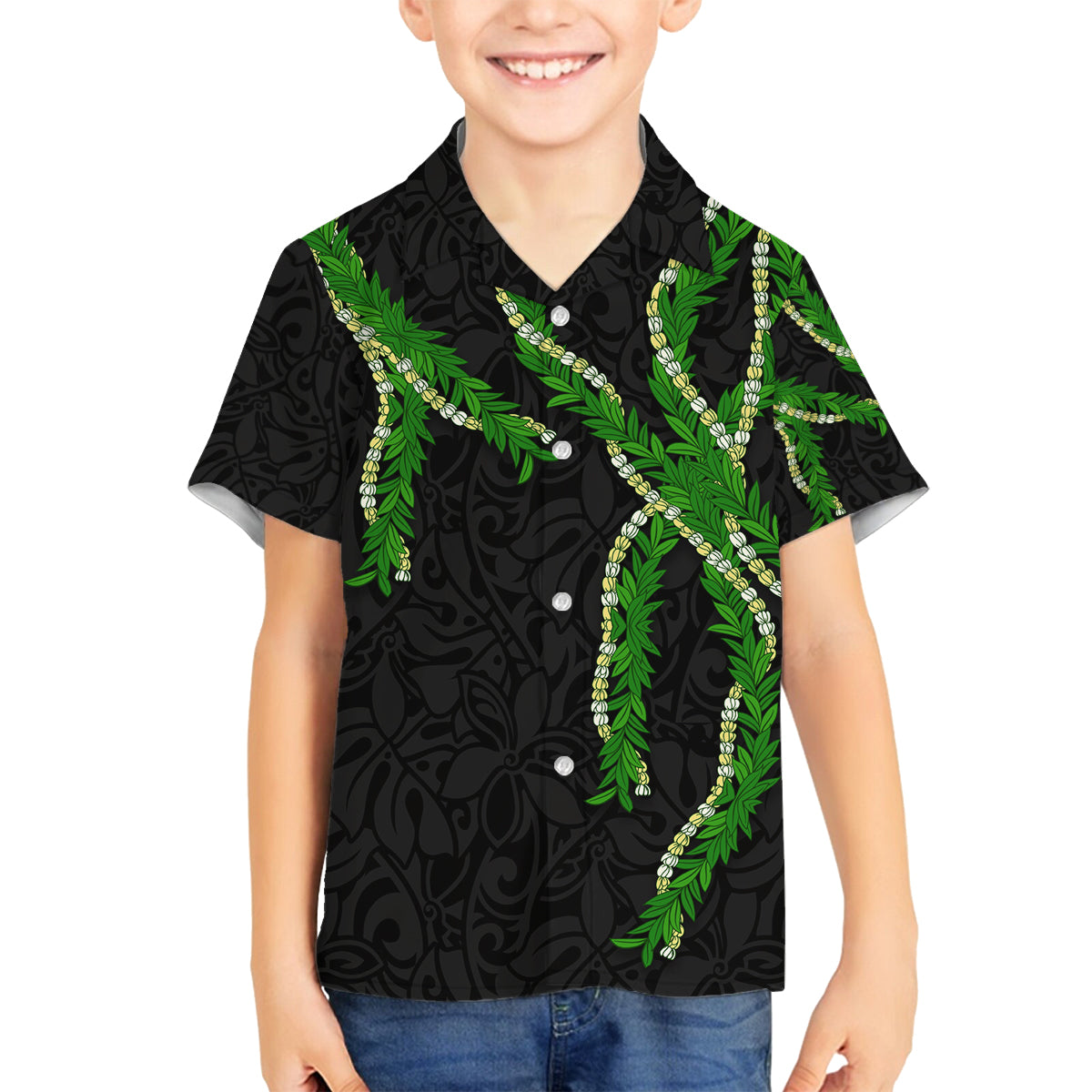Hawaii Maile Lei Family Matching Off Shoulder Short Dress and Hawaiian Shirt Aloha Black Color LT03 Son's Shirt Black - Polynesian Pride