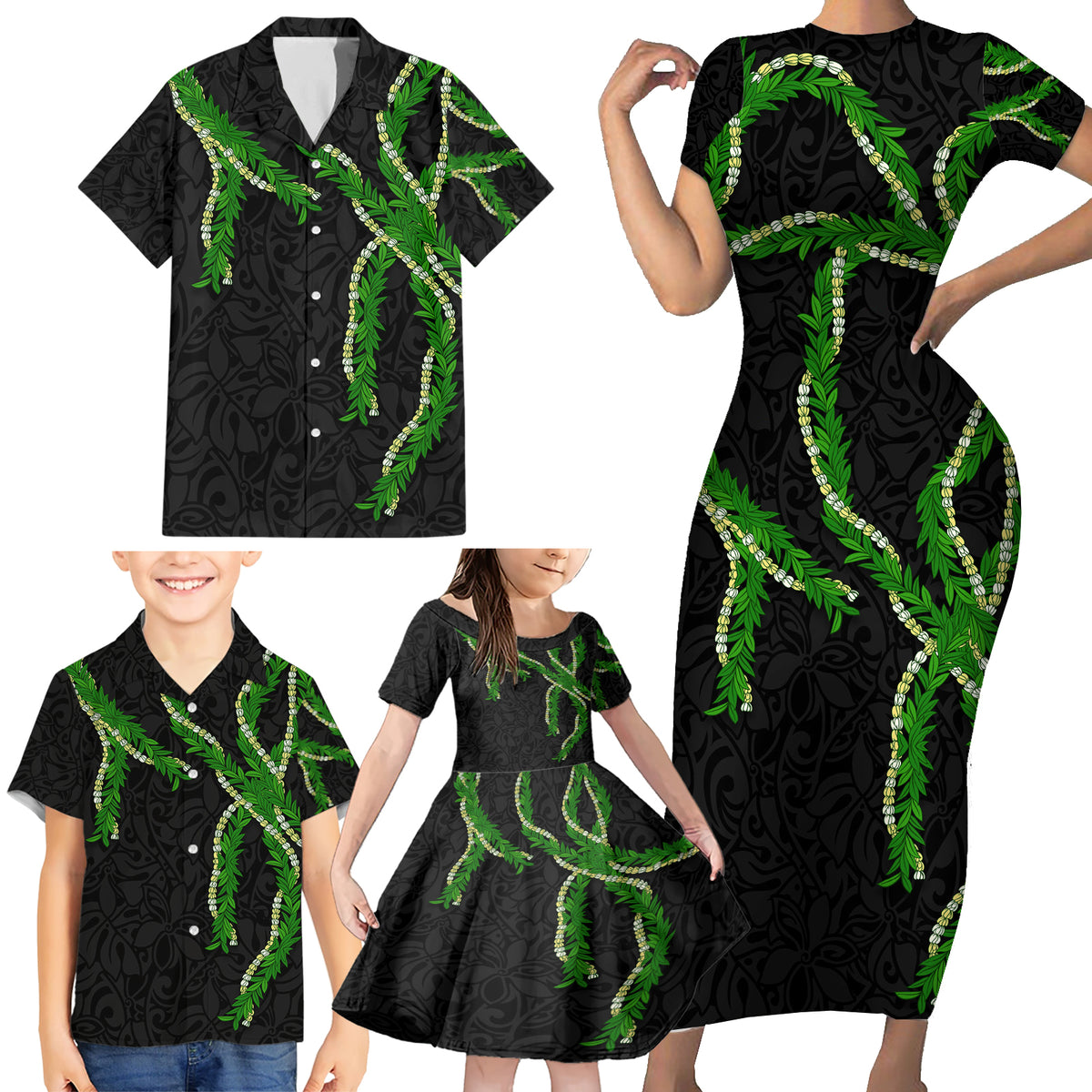 Hawaii Maile Lei Family Matching Short Sleeve Bodycon Dress and Hawaiian Shirt Aloha Black Color LT03 - Polynesian Pride