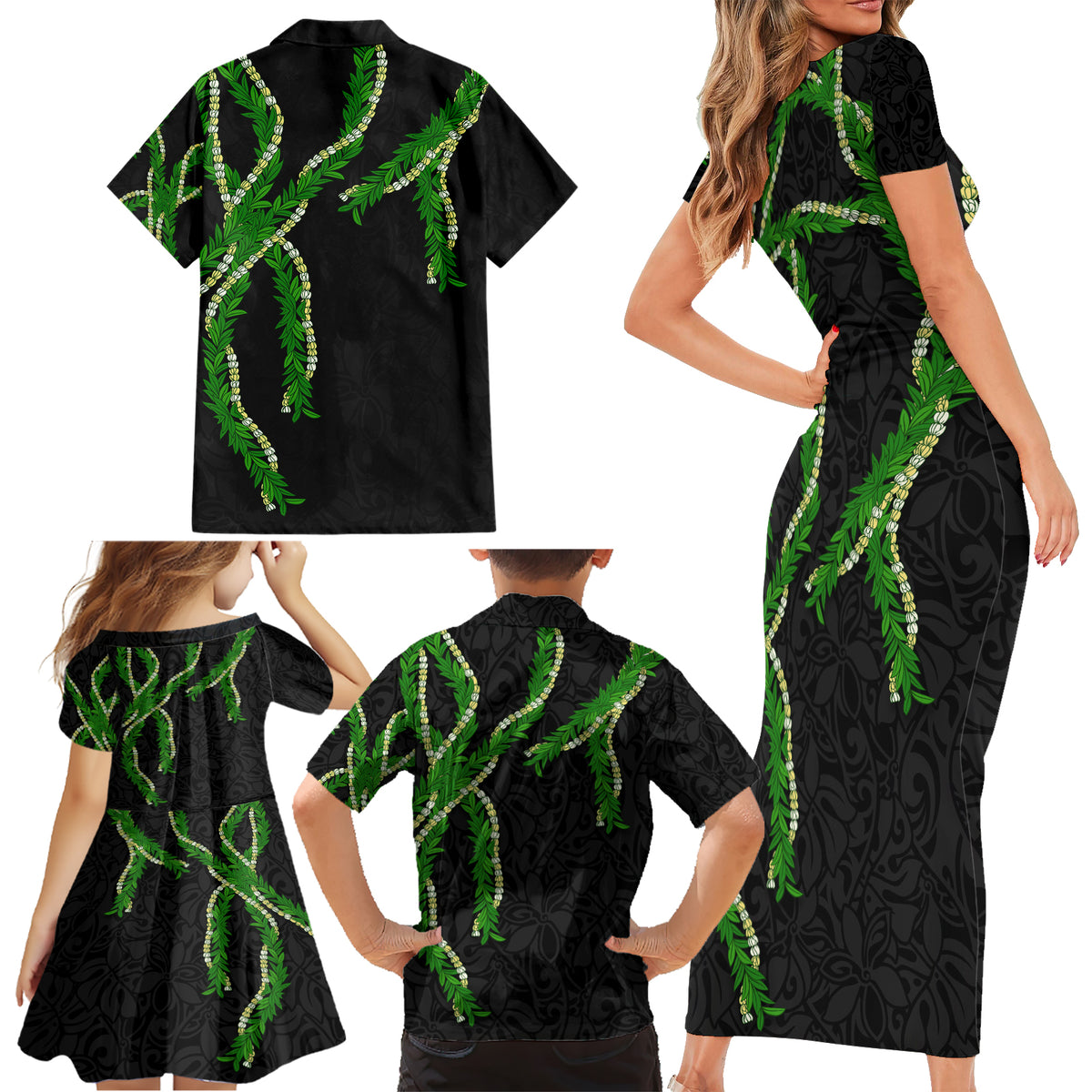 Hawaii Maile Lei Family Matching Short Sleeve Bodycon Dress and Hawaiian Shirt Aloha Black Color LT03 - Polynesian Pride