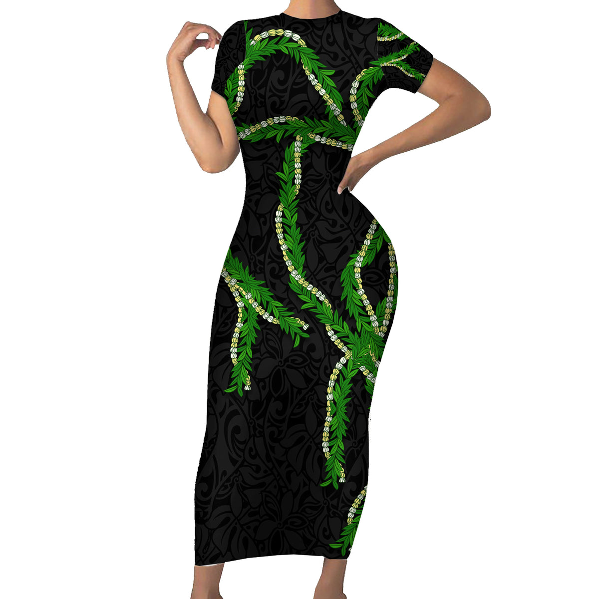 Hawaii Maile Lei Family Matching Short Sleeve Bodycon Dress and Hawaiian Shirt Aloha Black Color LT03 Mom's Dress Black - Polynesian Pride