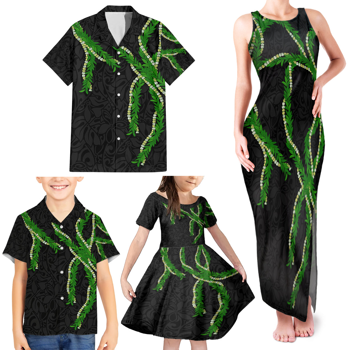Hawaii Maile Lei Family Matching Tank Maxi Dress and Hawaiian Shirt Aloha Black Color LT03 - Polynesian Pride