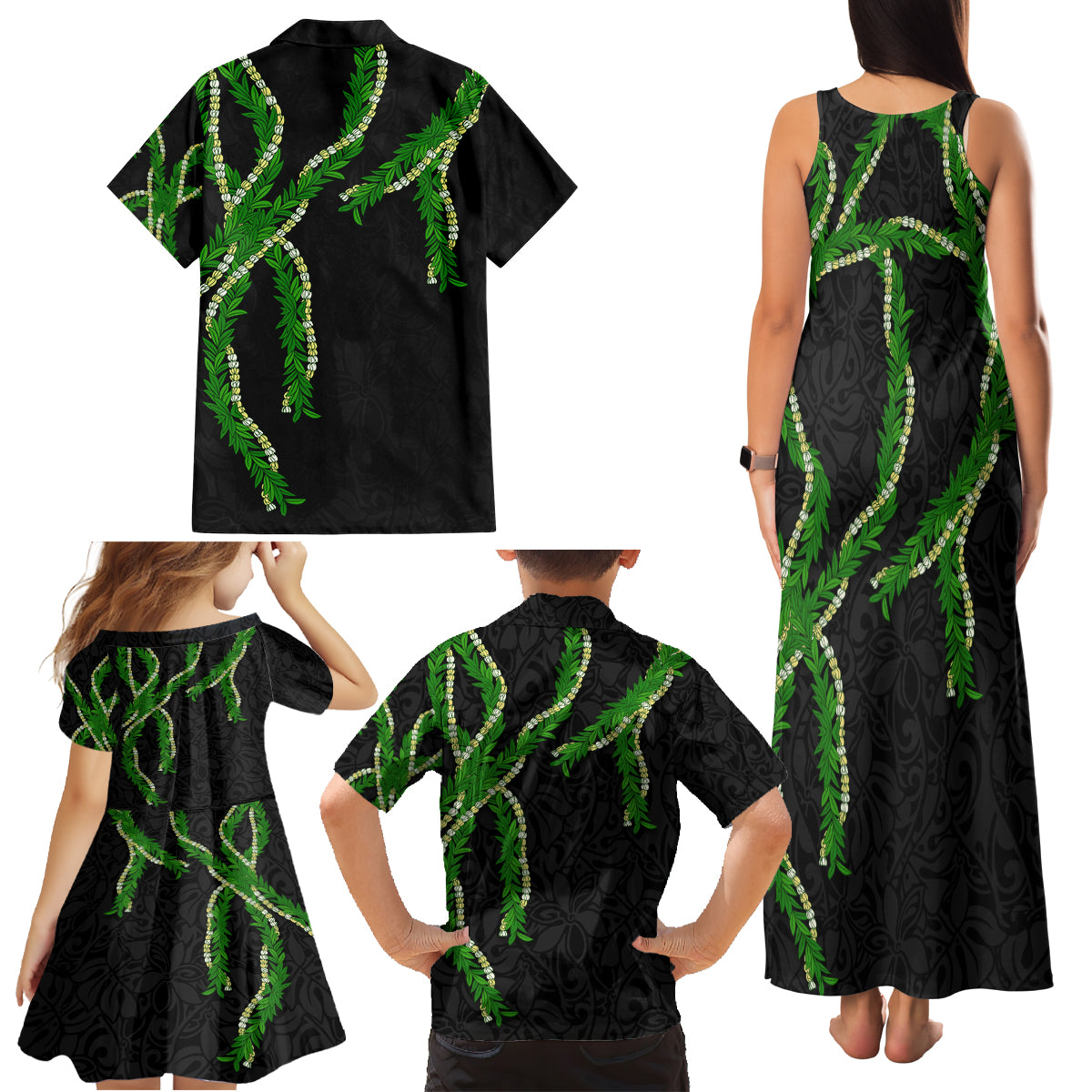 Hawaii Maile Lei Family Matching Tank Maxi Dress and Hawaiian Shirt Aloha Black Color LT03 - Polynesian Pride