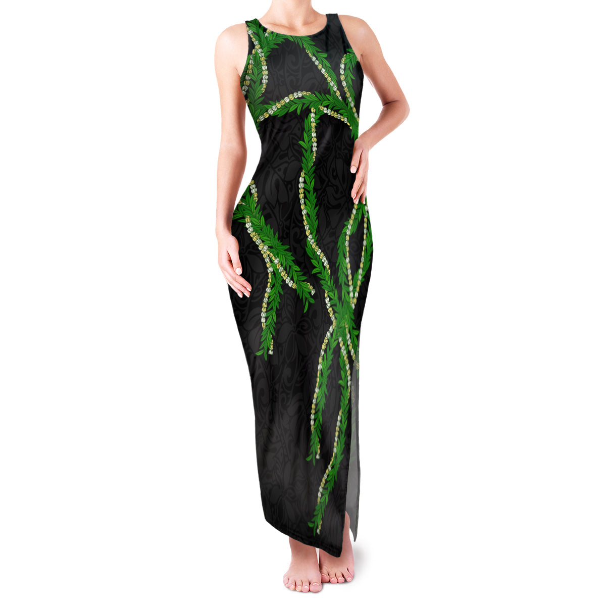 Hawaii Maile Lei Family Matching Tank Maxi Dress and Hawaiian Shirt Aloha Black Color LT03 Mom's Dress Black - Polynesian Pride