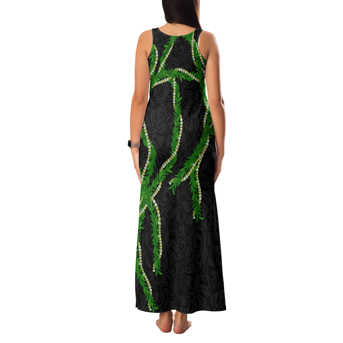 Hawaii Maile Lei Family Matching Tank Maxi Dress and Hawaiian Shirt Aloha Black Color LT03 - Polynesian Pride