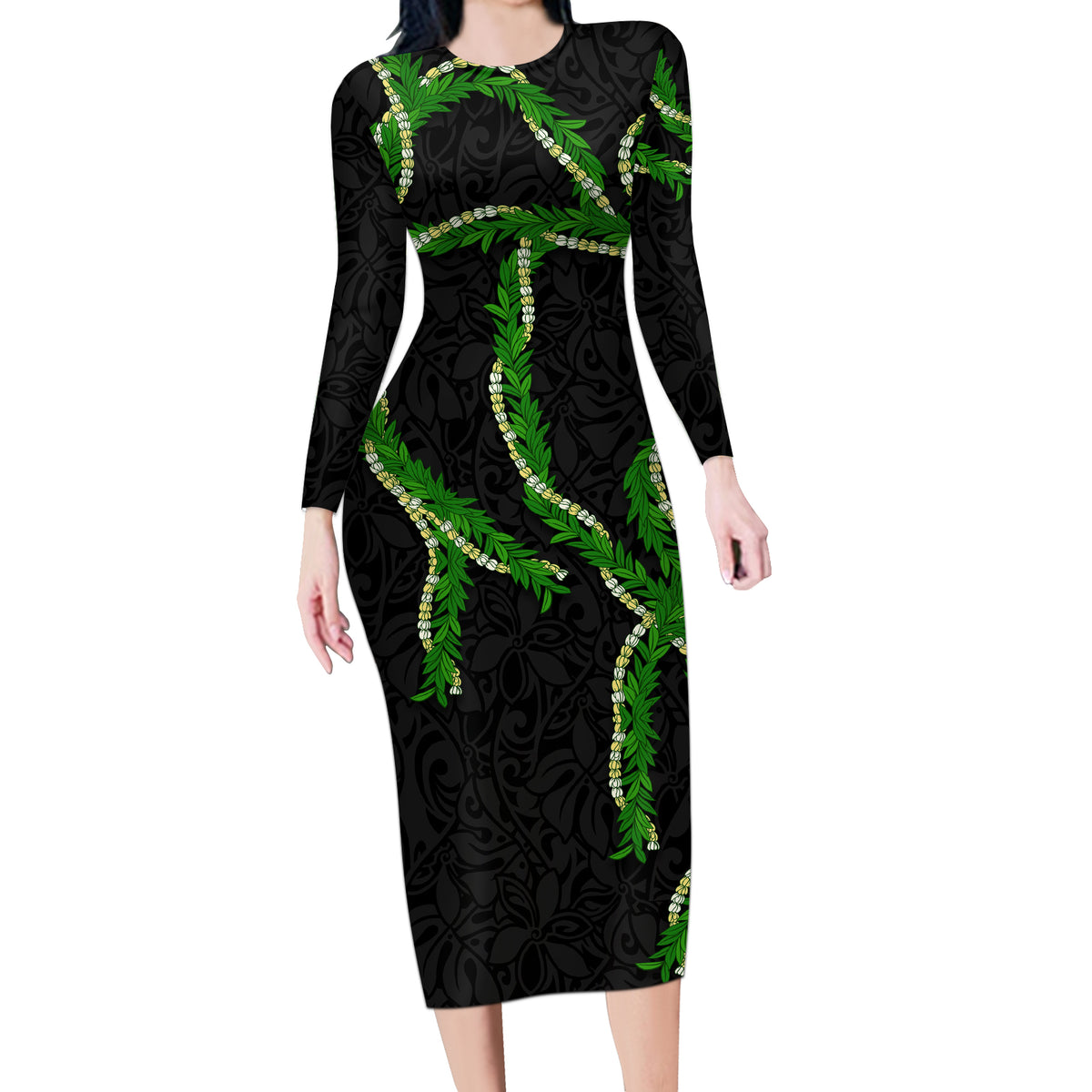 Hawaii Maile Lei Long Sleeve Bodycon Dress Aloha Black Color