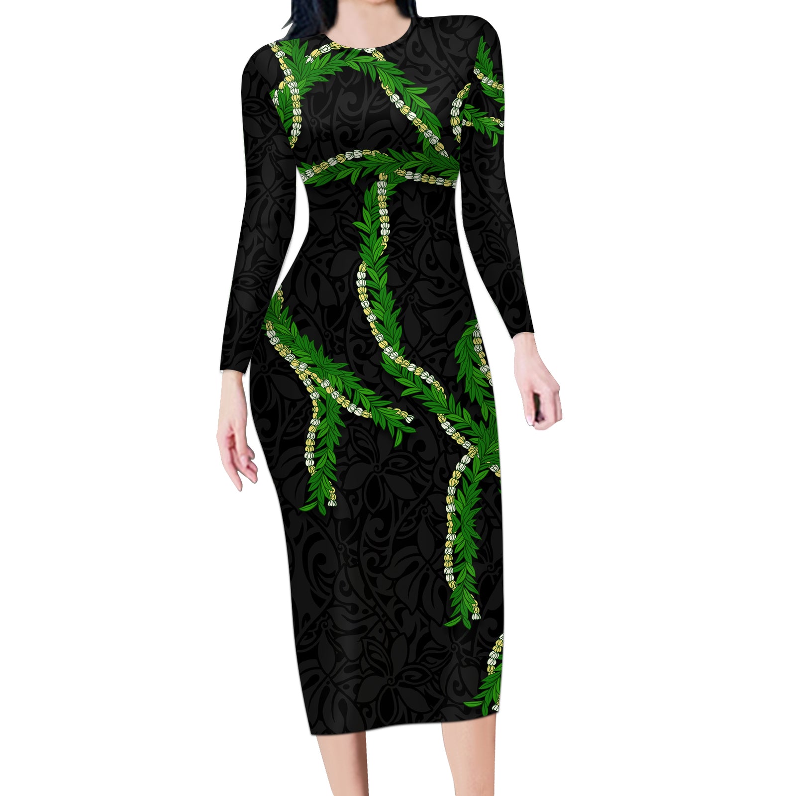 Hawaii Maile Lei Long Sleeve Bodycon Dress Aloha Black Color