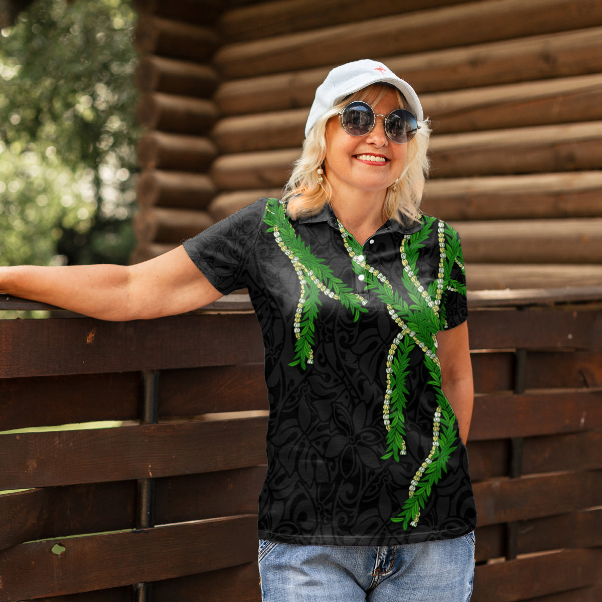 Hawaii Maile Lei Women Polo Shirt Aloha Black Color