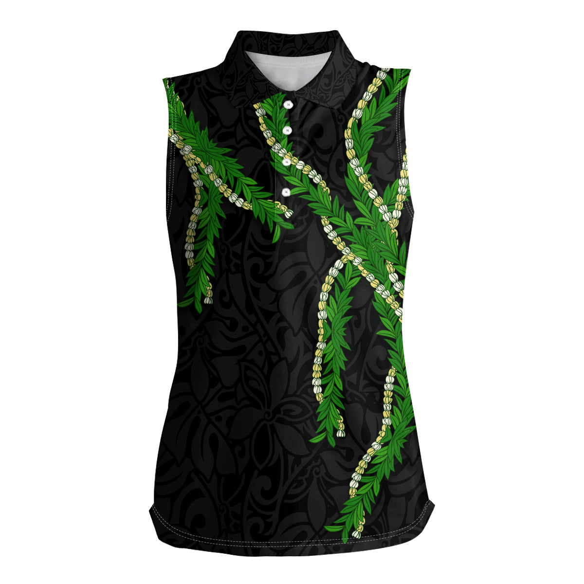 Hawaii Maile Lei Women Sleeveless Polo Shirt Aloha Black Color