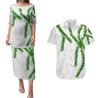 Hawaii Maile Lei Couples Matching Puletasi and Hawaiian Shirt Aloha White Color