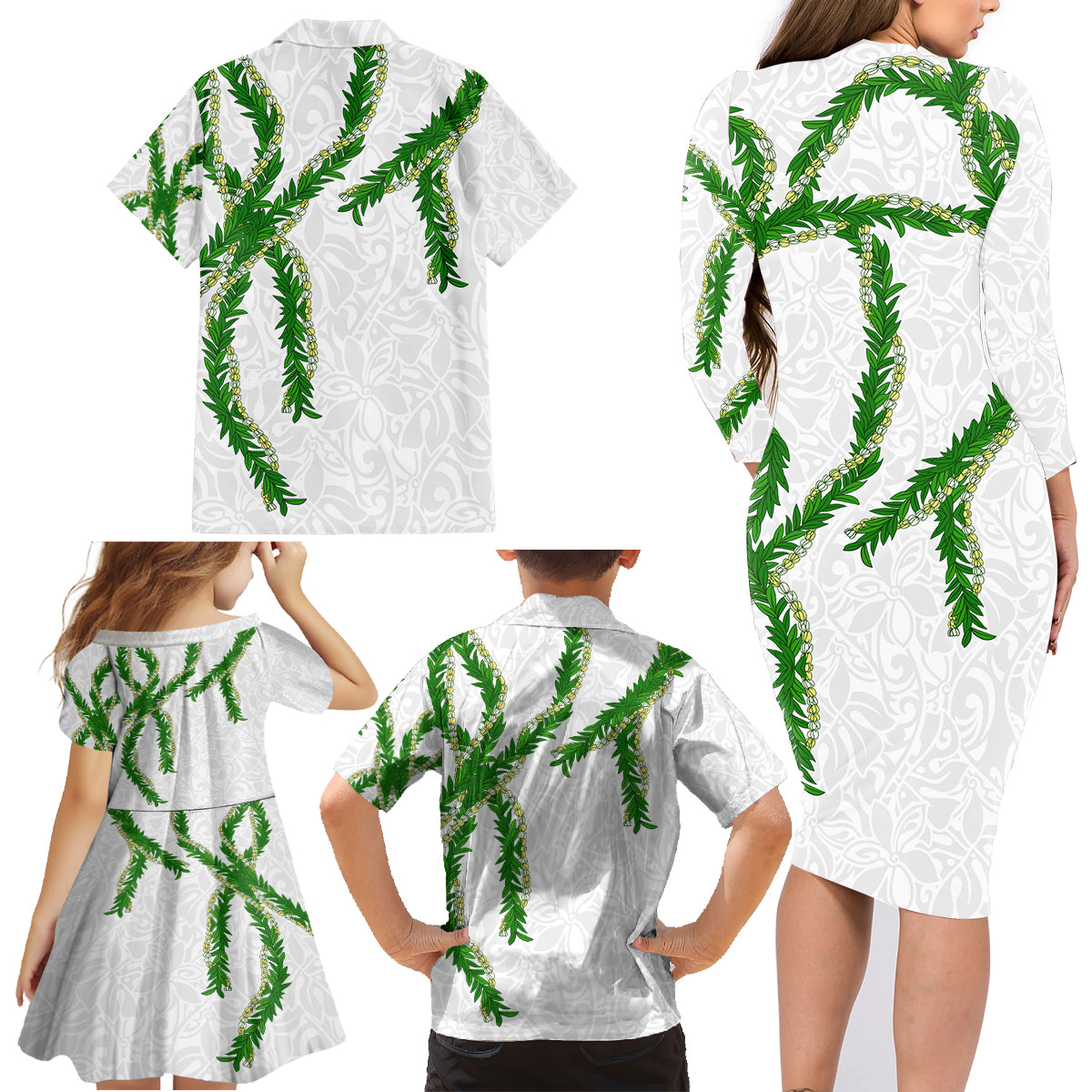 Hawaii Maile Lei Family Matching Long Sleeve Bodycon Dress and Hawaiian Shirt Aloha White Color LT03 - Polynesian Pride