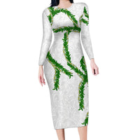 Hawaii Maile Lei Family Matching Long Sleeve Bodycon Dress and Hawaiian Shirt Aloha White Color LT03 Mom's Dress White - Polynesian Pride