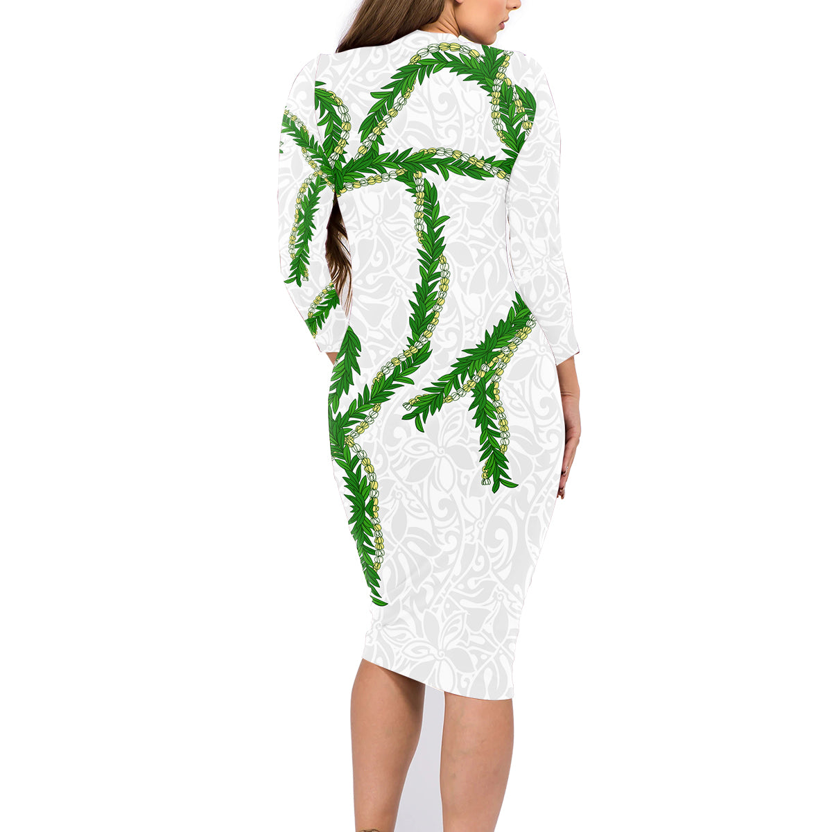 Hawaii Maile Lei Family Matching Long Sleeve Bodycon Dress and Hawaiian Shirt Aloha White Color LT03 - Polynesian Pride