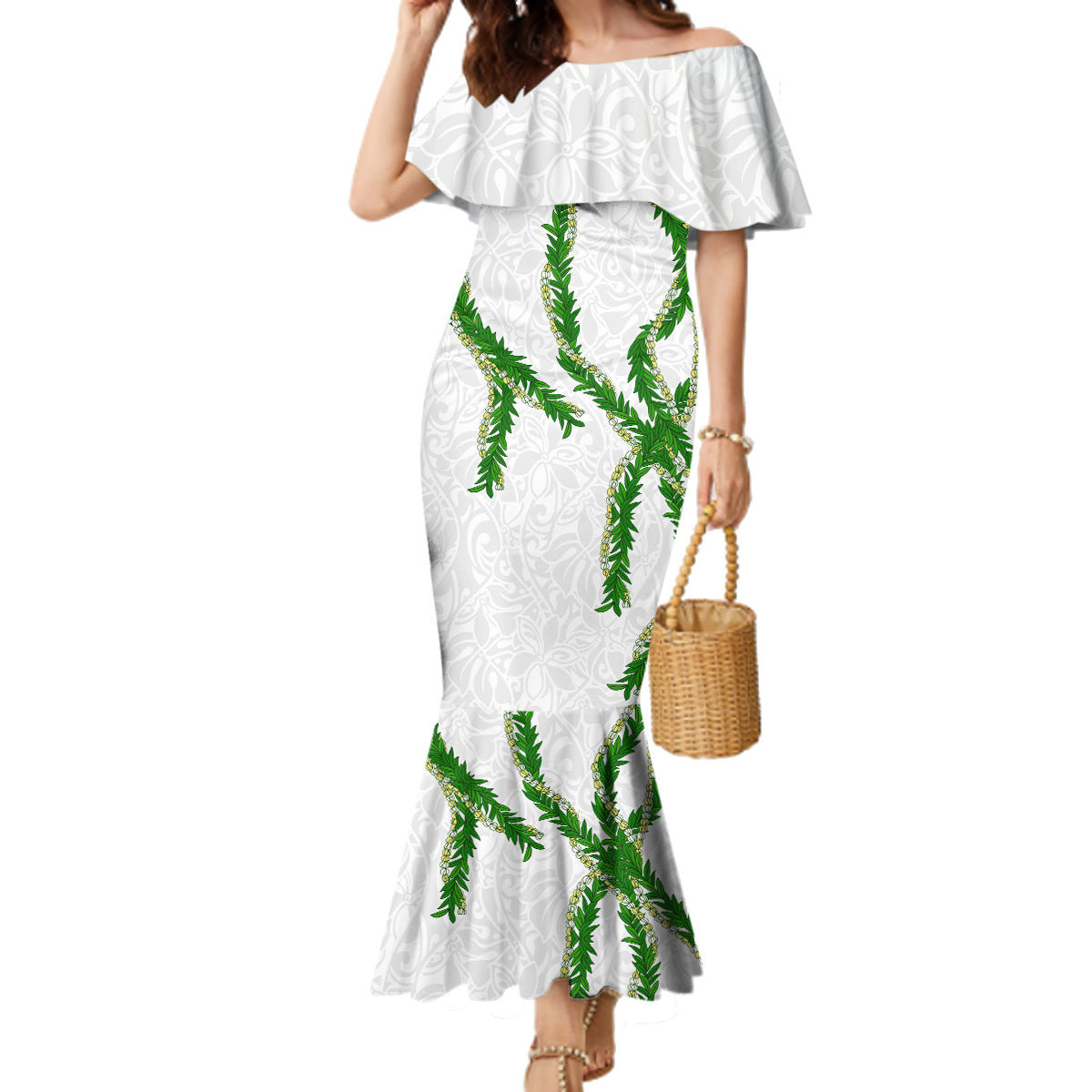 Hawaii Maile Lei Family Matching Mermaid Dress and Hawaiian Shirt Aloha White Color LT03 Mom's Dress White - Polynesian Pride