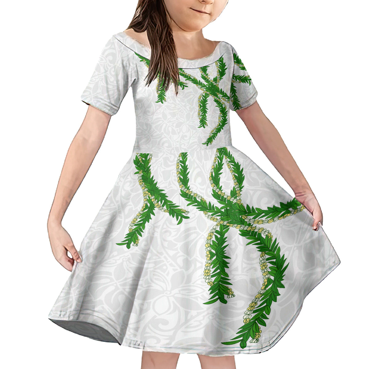 Hawaii Maile Lei Family Matching Off The Shoulder Long Sleeve Dress and Hawaiian Shirt Aloha White Color LT03 Daughter's Dress White - Polynesian Pride