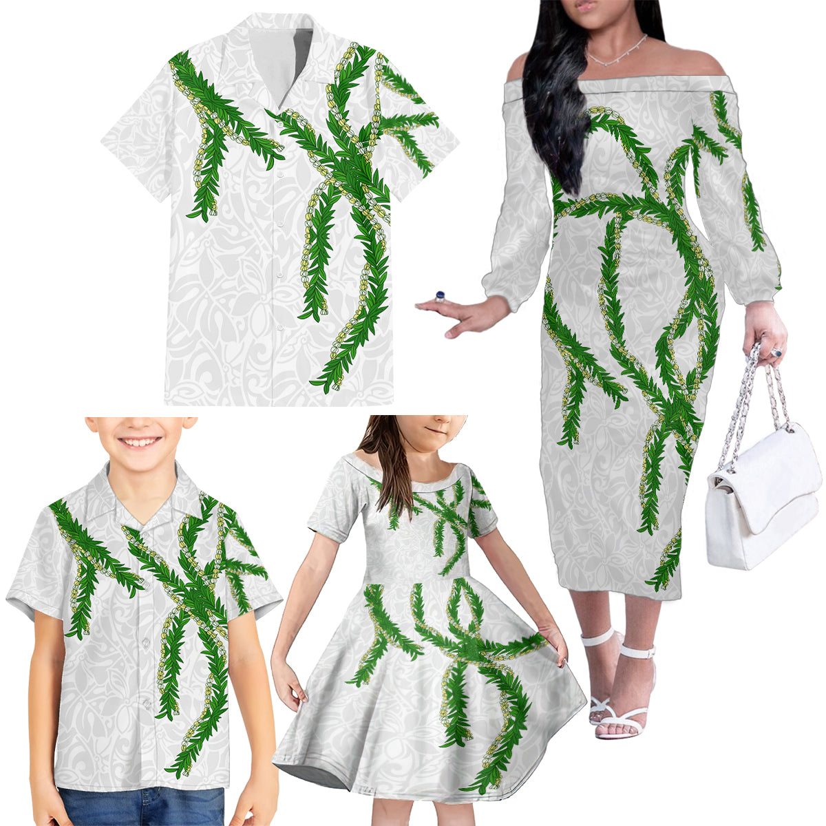 Hawaii Maile Lei Family Matching Off The Shoulder Long Sleeve Dress and Hawaiian Shirt Aloha White Color LT03 - Polynesian Pride