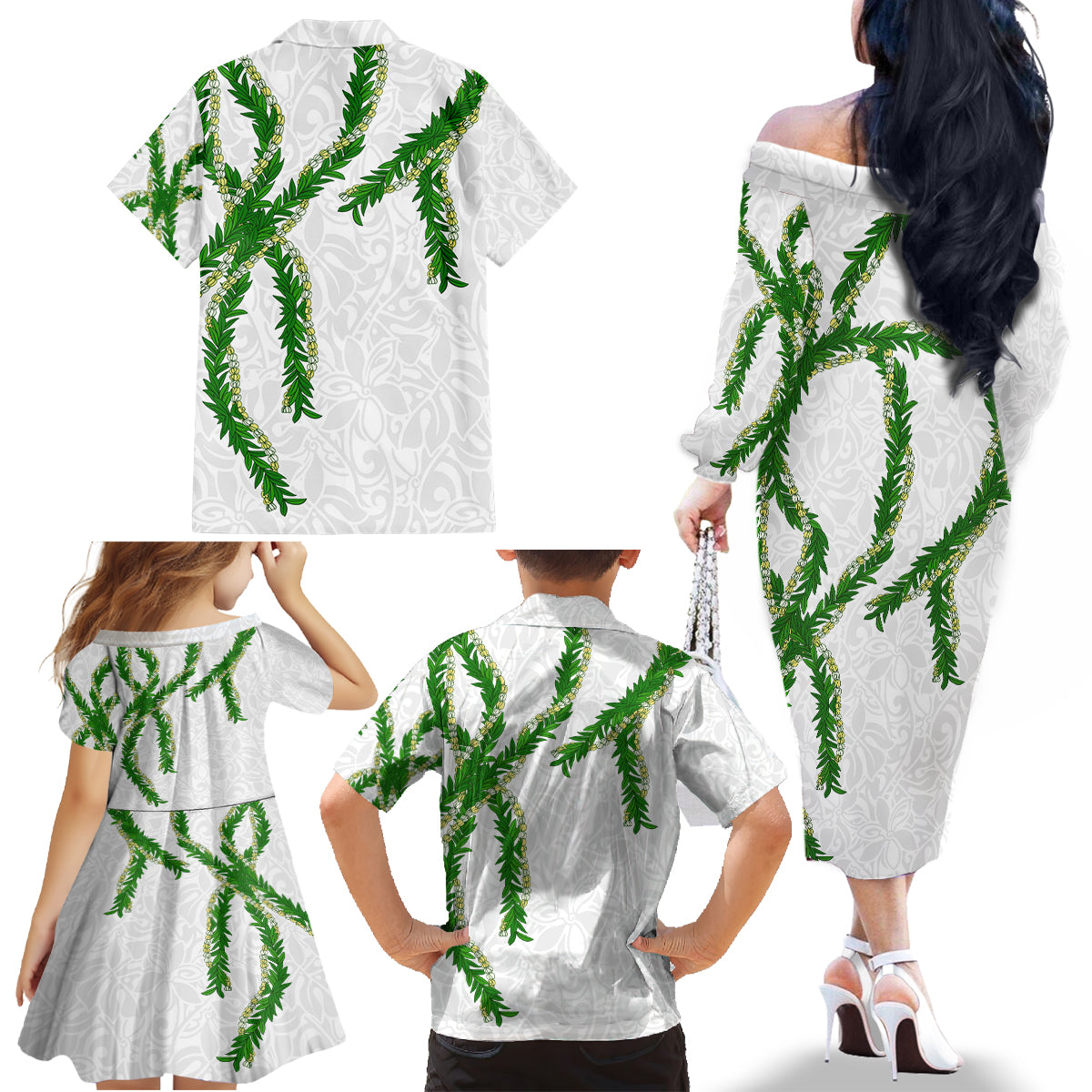 Hawaii Maile Lei Family Matching Off The Shoulder Long Sleeve Dress and Hawaiian Shirt Aloha White Color LT03 - Polynesian Pride