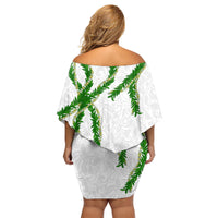 Hawaii Maile Lei Family Matching Off Shoulder Short Dress and Hawaiian Shirt Aloha White Color