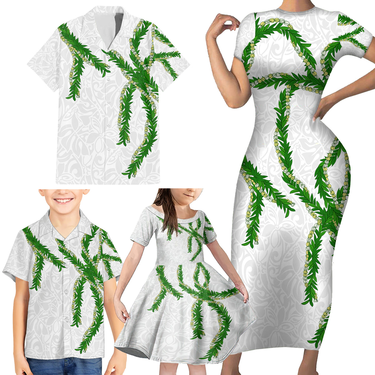 Hawaii Maile Lei Family Matching Short Sleeve Bodycon Dress and Hawaiian Shirt Aloha White Color LT03 - Polynesian Pride