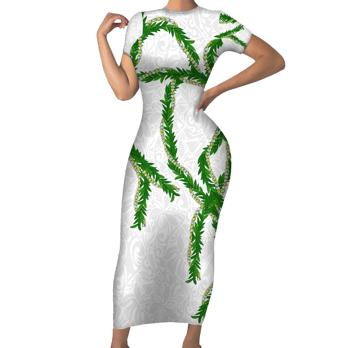 Hawaii Maile Lei Family Matching Short Sleeve Bodycon Dress and Hawaiian Shirt Aloha White Color LT03 Mom's Dress White - Polynesian Pride