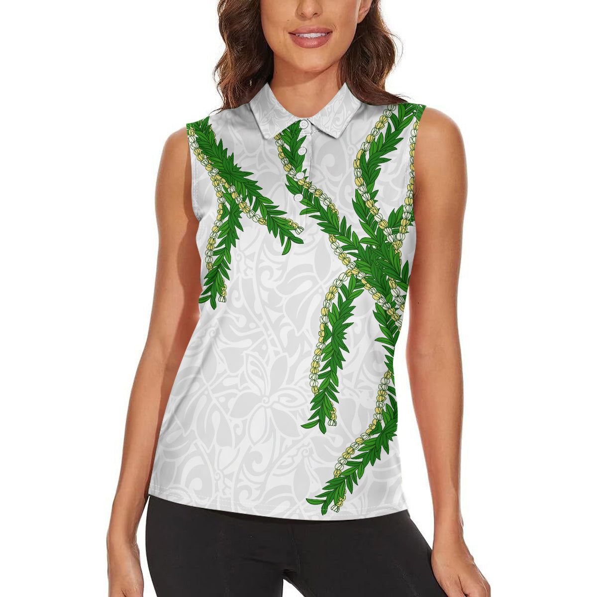 Hawaii Maile Lei Women Sleeveless Polo Shirt Aloha White Color