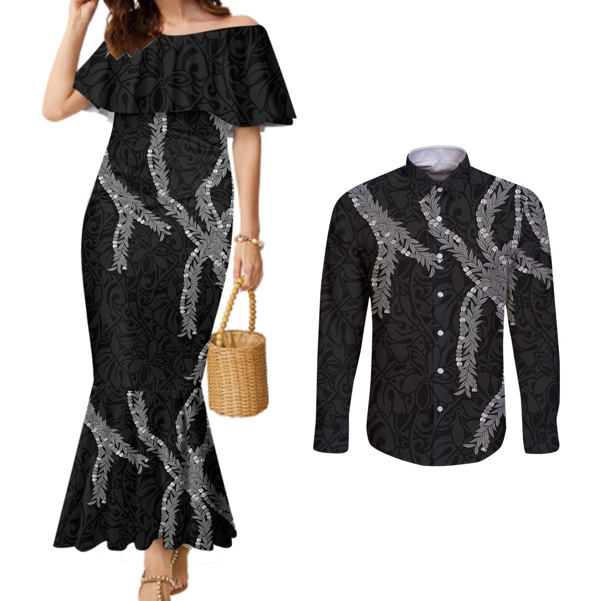 Hawaii Maile Lei Couples Matching Mermaid Dress and Long Sleeve Button Shirt Aloha Grayscale Color