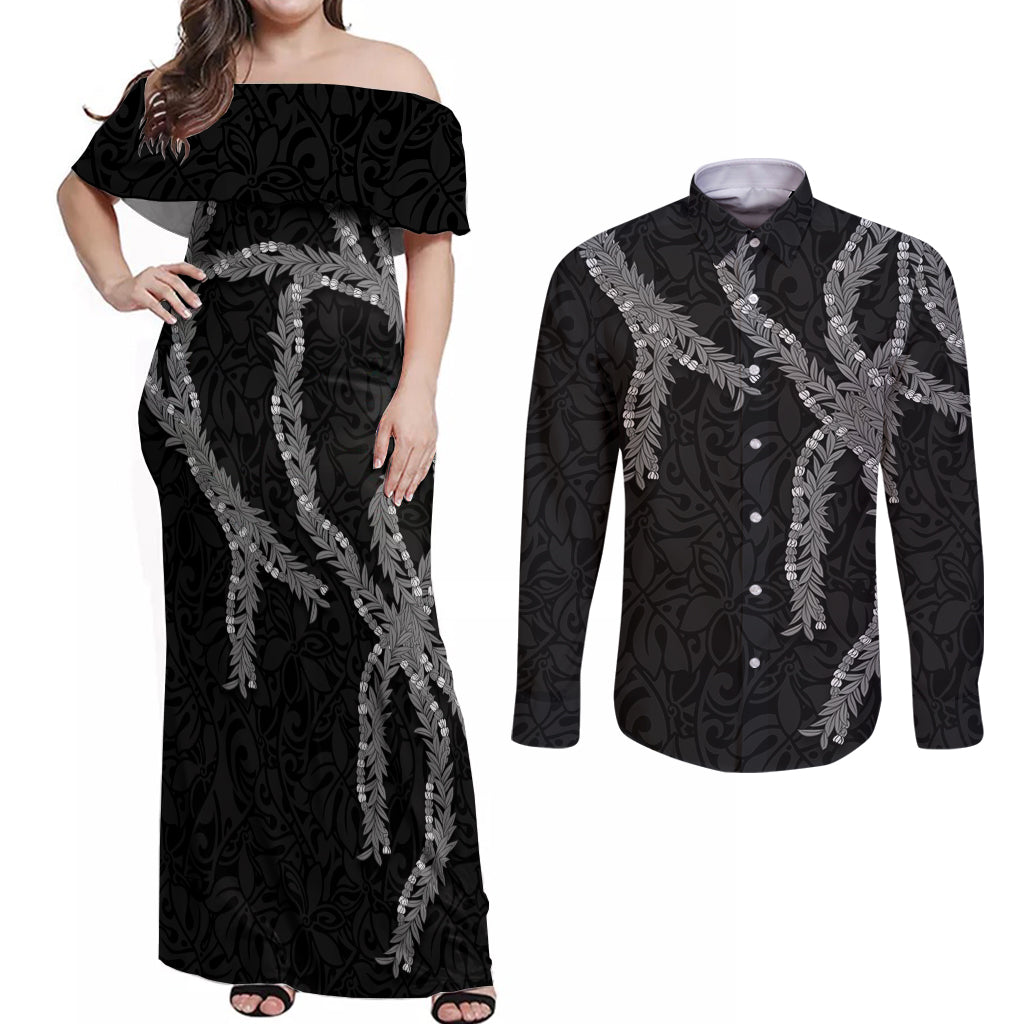 Hawaii Maile Lei Couples Matching Off Shoulder Maxi Dress and Long Sleeve Button Shirt Aloha Grayscale Color