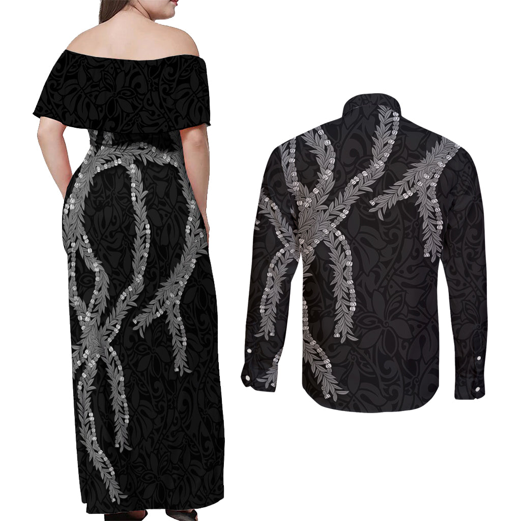 Hawaii Maile Lei Couples Matching Off Shoulder Maxi Dress and Long Sleeve Button Shirt Aloha Grayscale Color