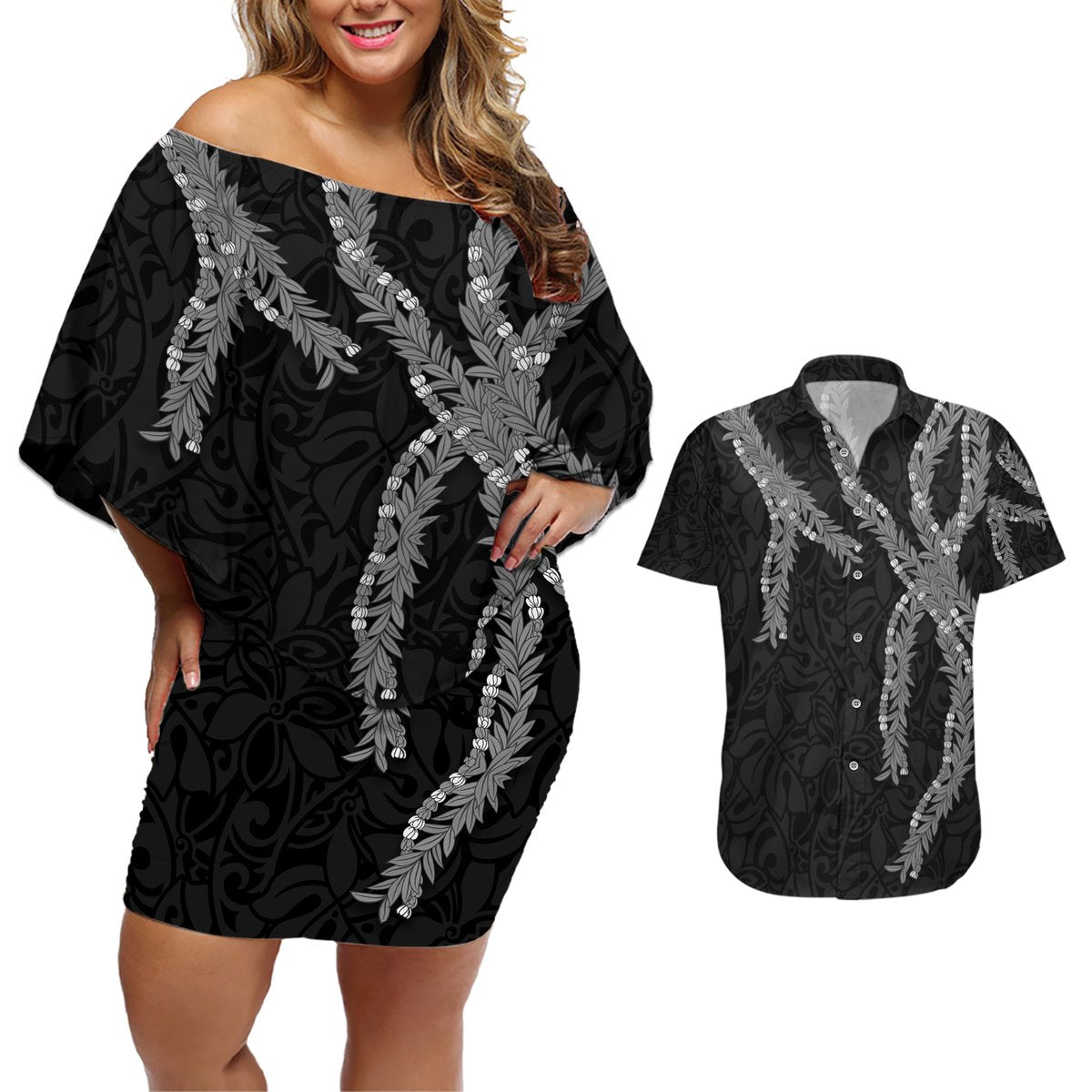 Hawaii Maile Lei Couples Matching Off Shoulder Short Dress and Hawaiian Shirt Aloha Grayscale Color