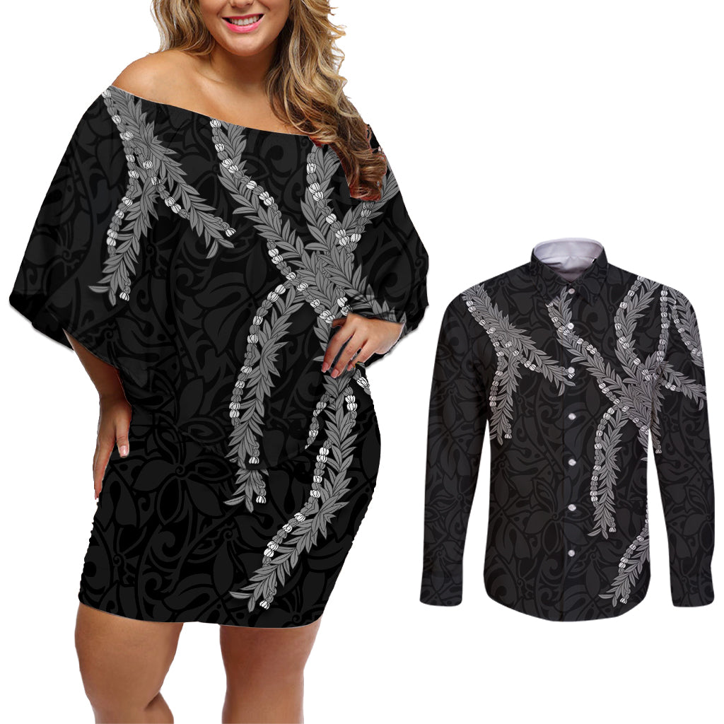 Hawaii Maile Lei Couples Matching Off Shoulder Short Dress and Long Sleeve Button Shirt Aloha Grayscale Color
