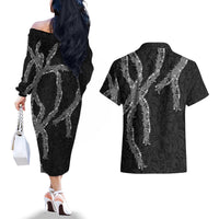 Hawaii Maile Lei Couples Matching Off The Shoulder Long Sleeve Dress and Hawaiian Shirt Aloha Grayscale Color