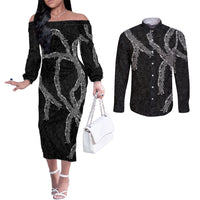 Hawaii Maile Lei Couples Matching Off The Shoulder Long Sleeve Dress and Long Sleeve Button Shirt Aloha Grayscale Color