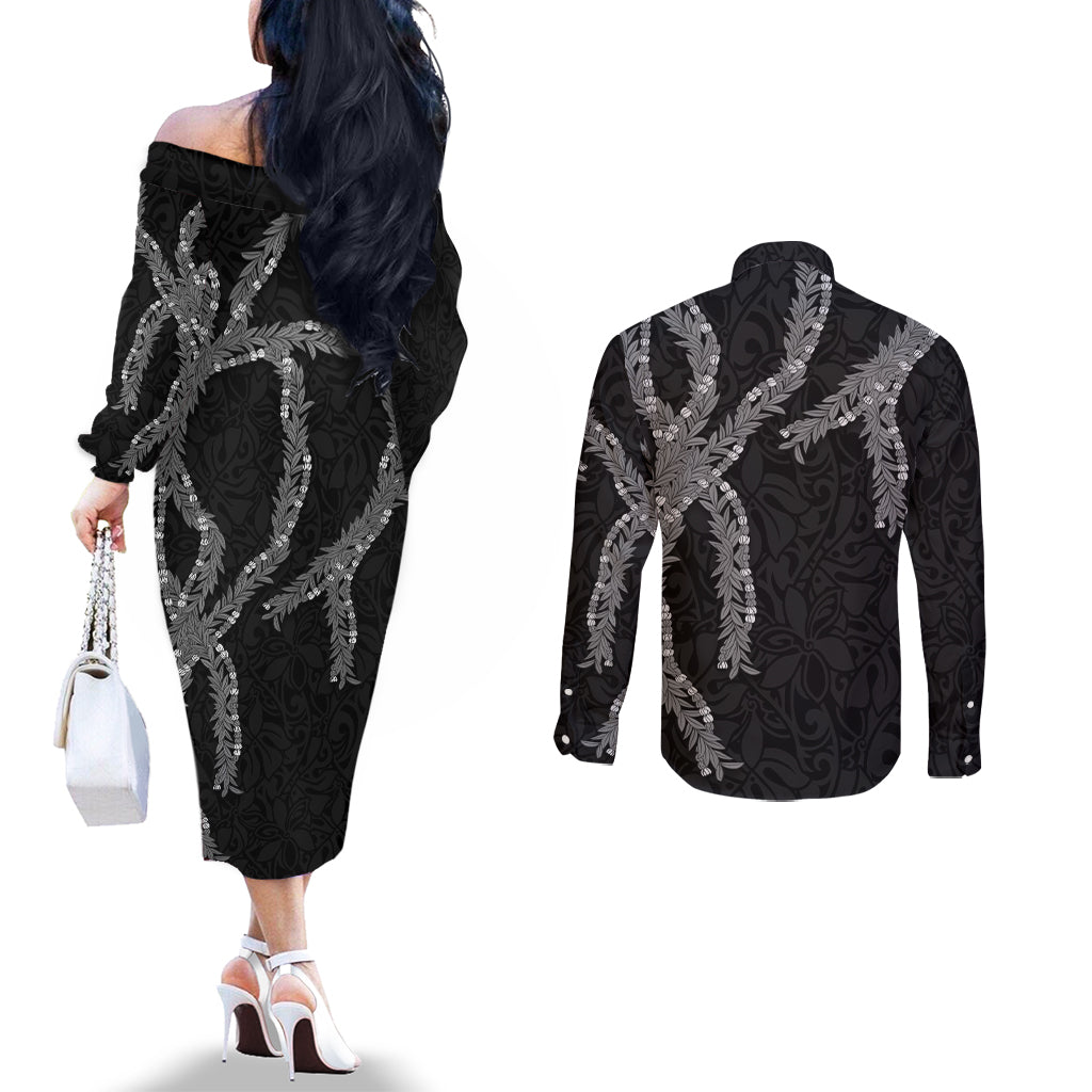Hawaii Maile Lei Couples Matching Off The Shoulder Long Sleeve Dress and Long Sleeve Button Shirt Aloha Grayscale Color