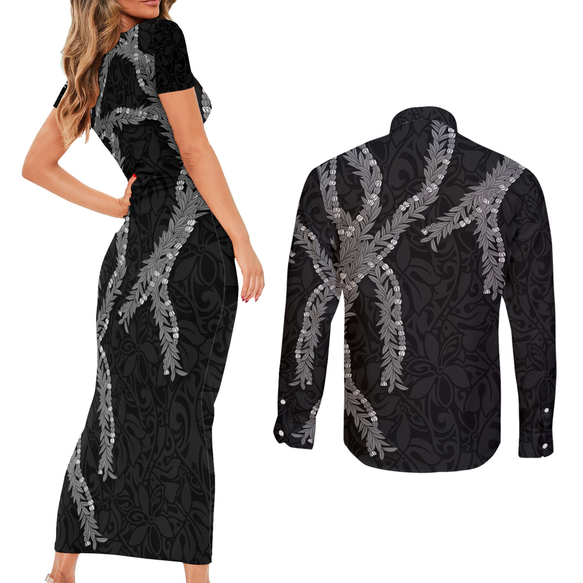 Hawaii Maile Lei Couples Matching Short Sleeve Bodycon Dress and Long Sleeve Button Shirt Aloha Grayscale Color