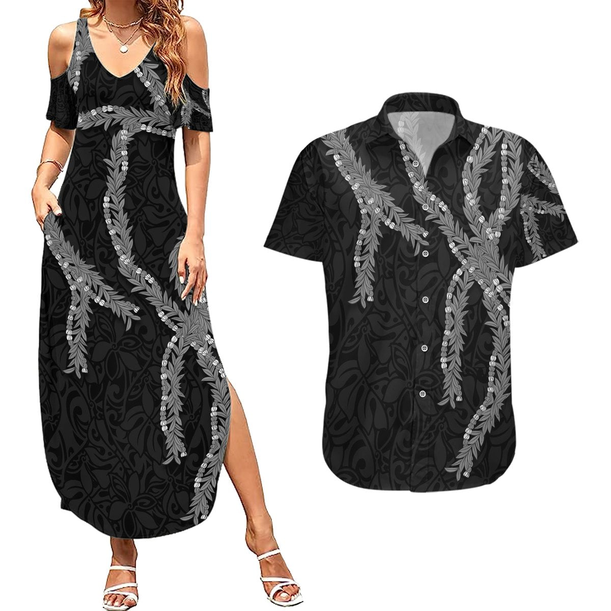 Hawaii Maile Lei Couples Matching Summer Maxi Dress and Hawaiian Shirt Aloha Grayscale Color