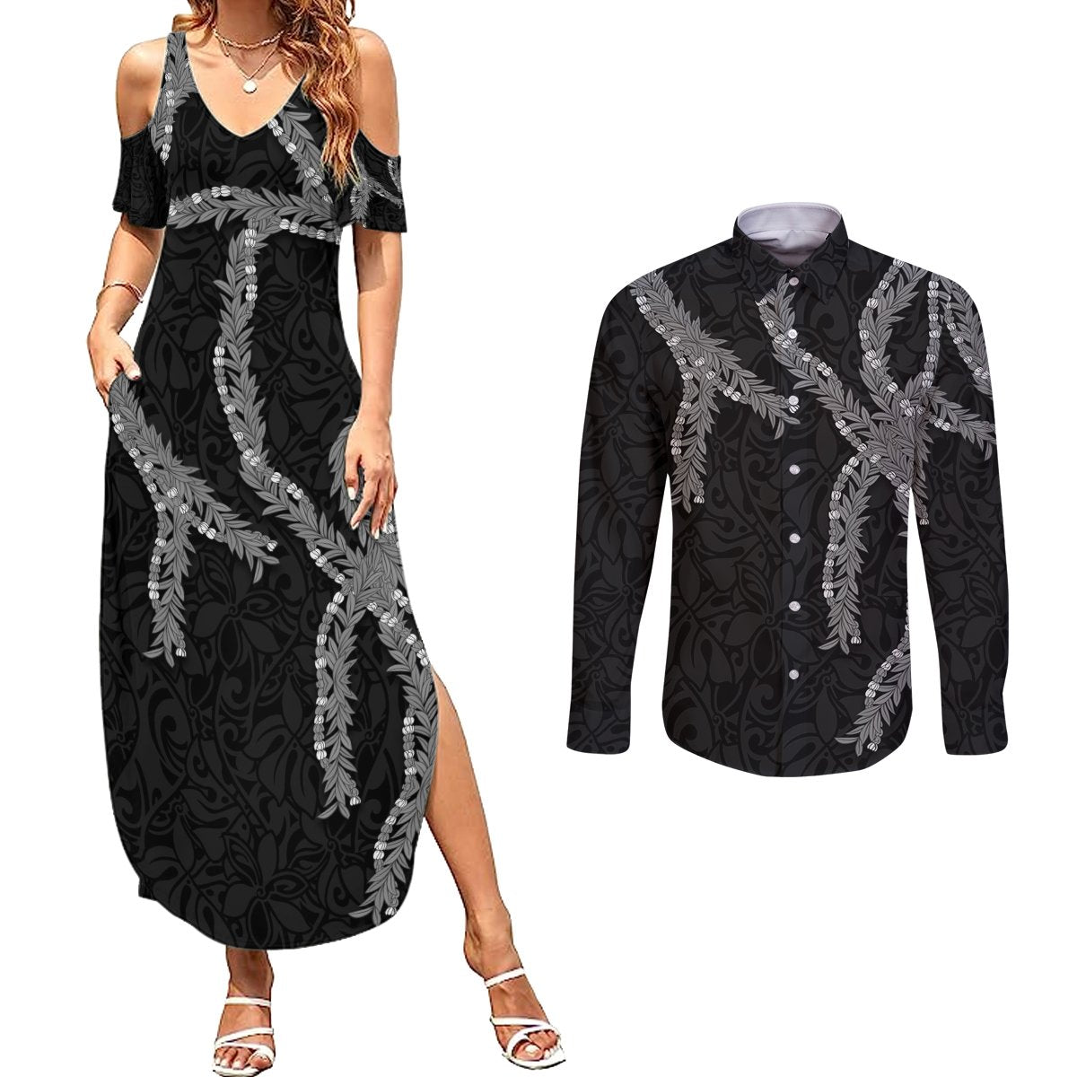 Hawaii Maile Lei Couples Matching Summer Maxi Dress and Long Sleeve Button Shirt Aloha Grayscale Color