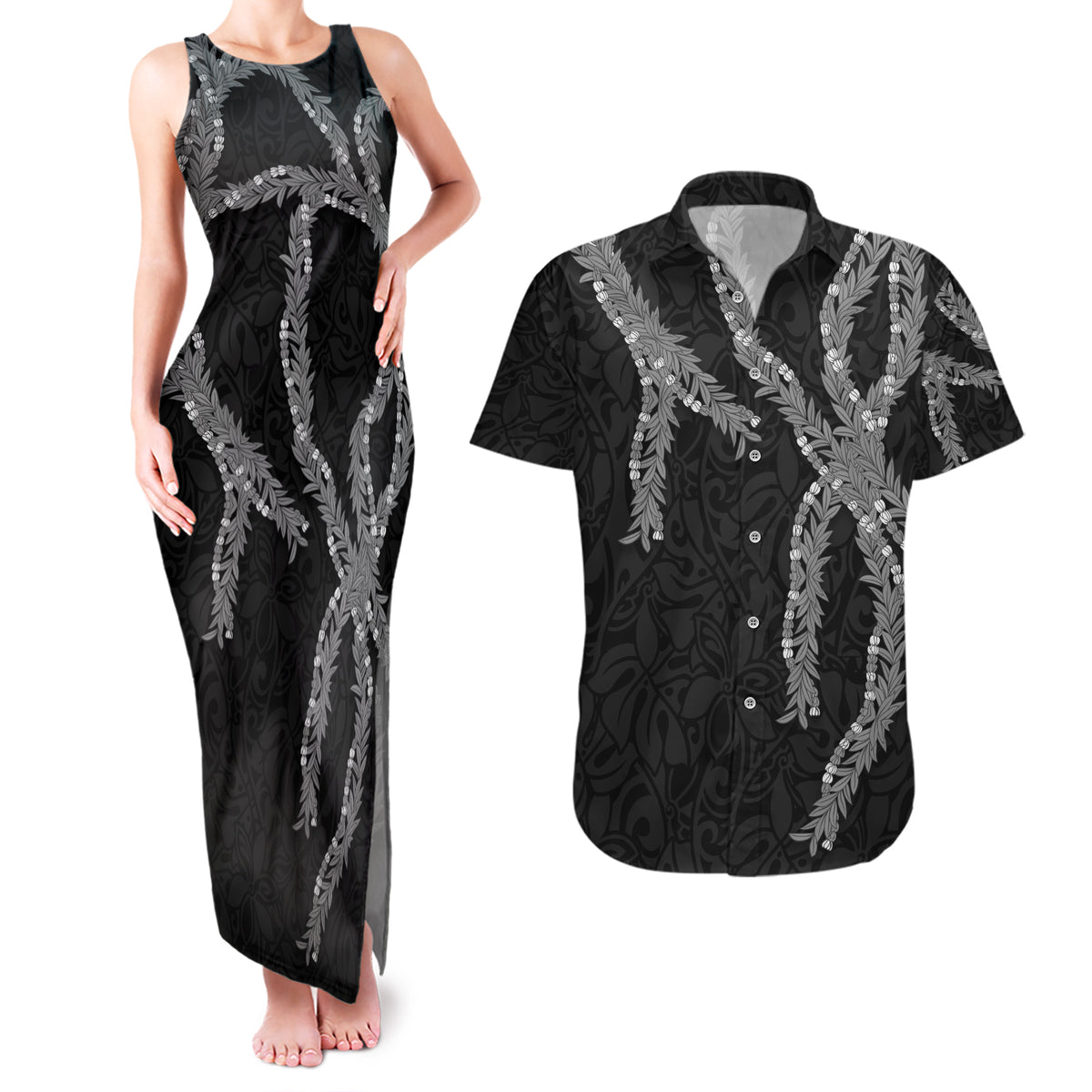 Hawaii Maile Lei Couples Matching Tank Maxi Dress and Hawaiian Shirt Aloha Grayscale Color