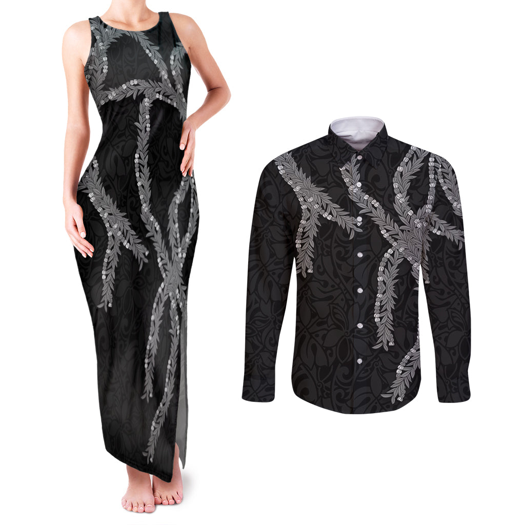 Hawaii Maile Lei Couples Matching Tank Maxi Dress and Long Sleeve Button Shirt Aloha Grayscale Color