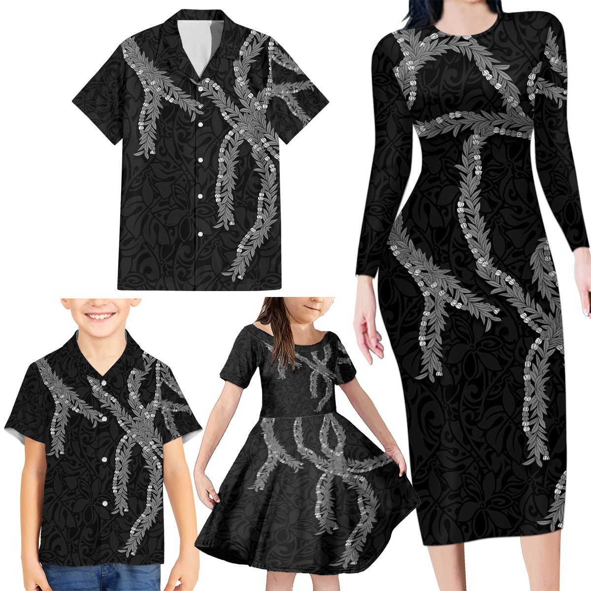 Hawaii Maile Lei Family Matching Long Sleeve Bodycon Dress and Hawaiian Shirt Aloha Grayscale Color LT03 - Polynesian Pride
