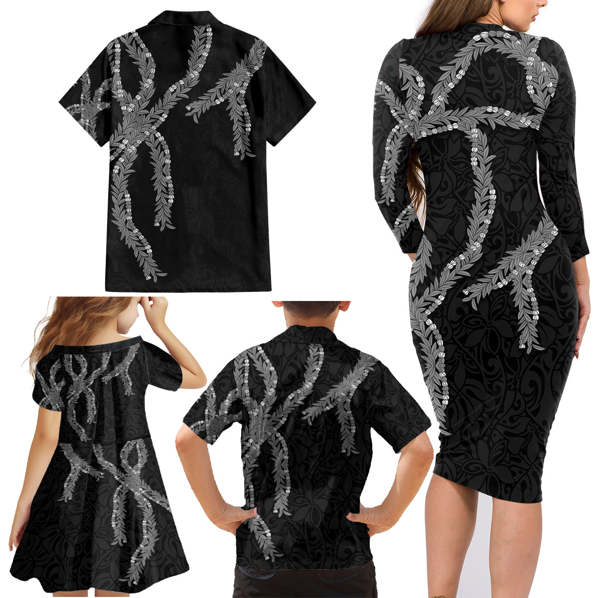 Hawaii Maile Lei Family Matching Long Sleeve Bodycon Dress and Hawaiian Shirt Aloha Grayscale Color LT03 - Polynesian Pride