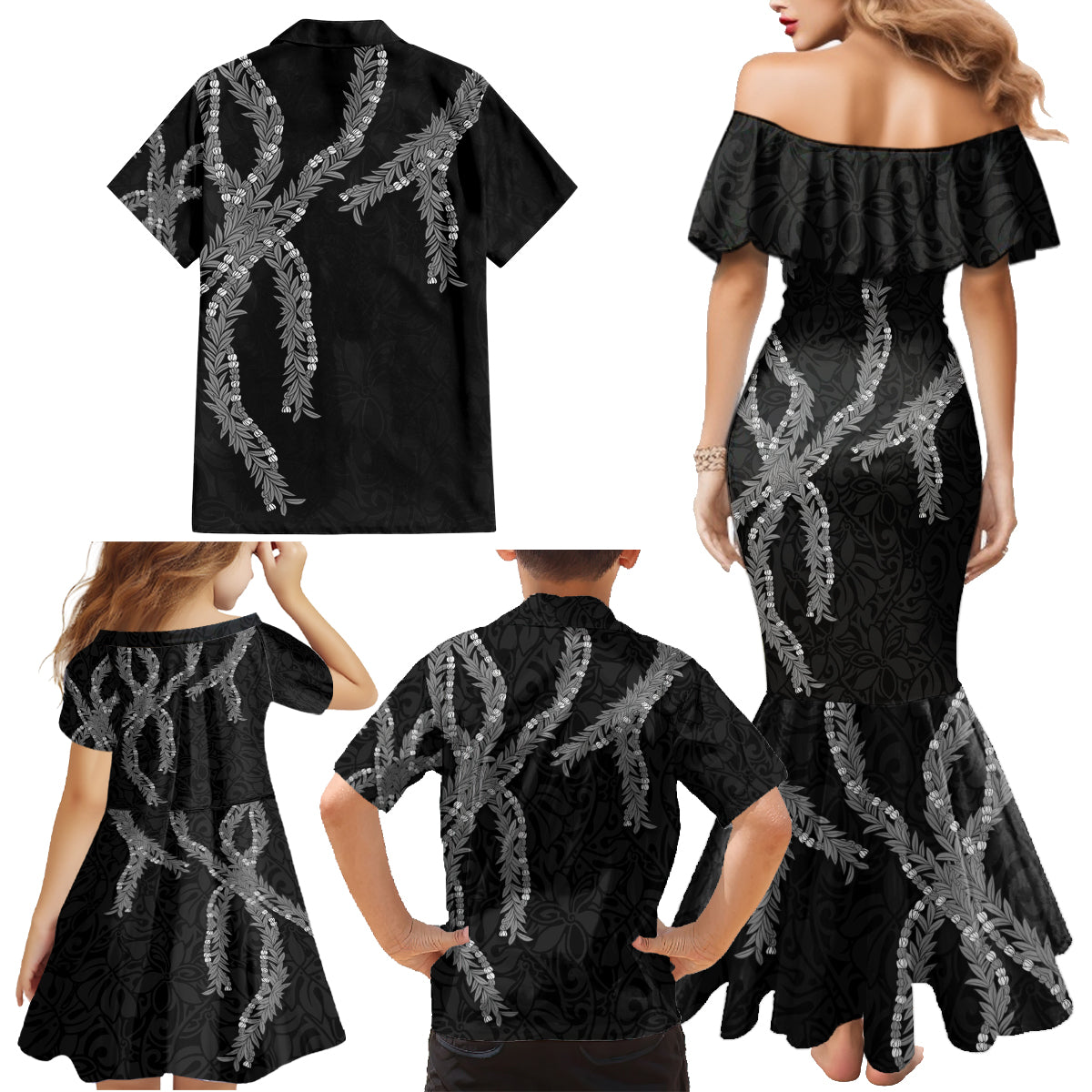 Hawaii Maile Lei Family Matching Mermaid Dress and Hawaiian Shirt Aloha Grayscale Color LT03 - Polynesian Pride