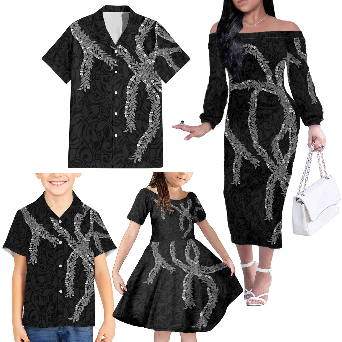 Hawaii Maile Lei Family Matching Off The Shoulder Long Sleeve Dress and Hawaiian Shirt Aloha Grayscale Color LT03 - Polynesian Pride