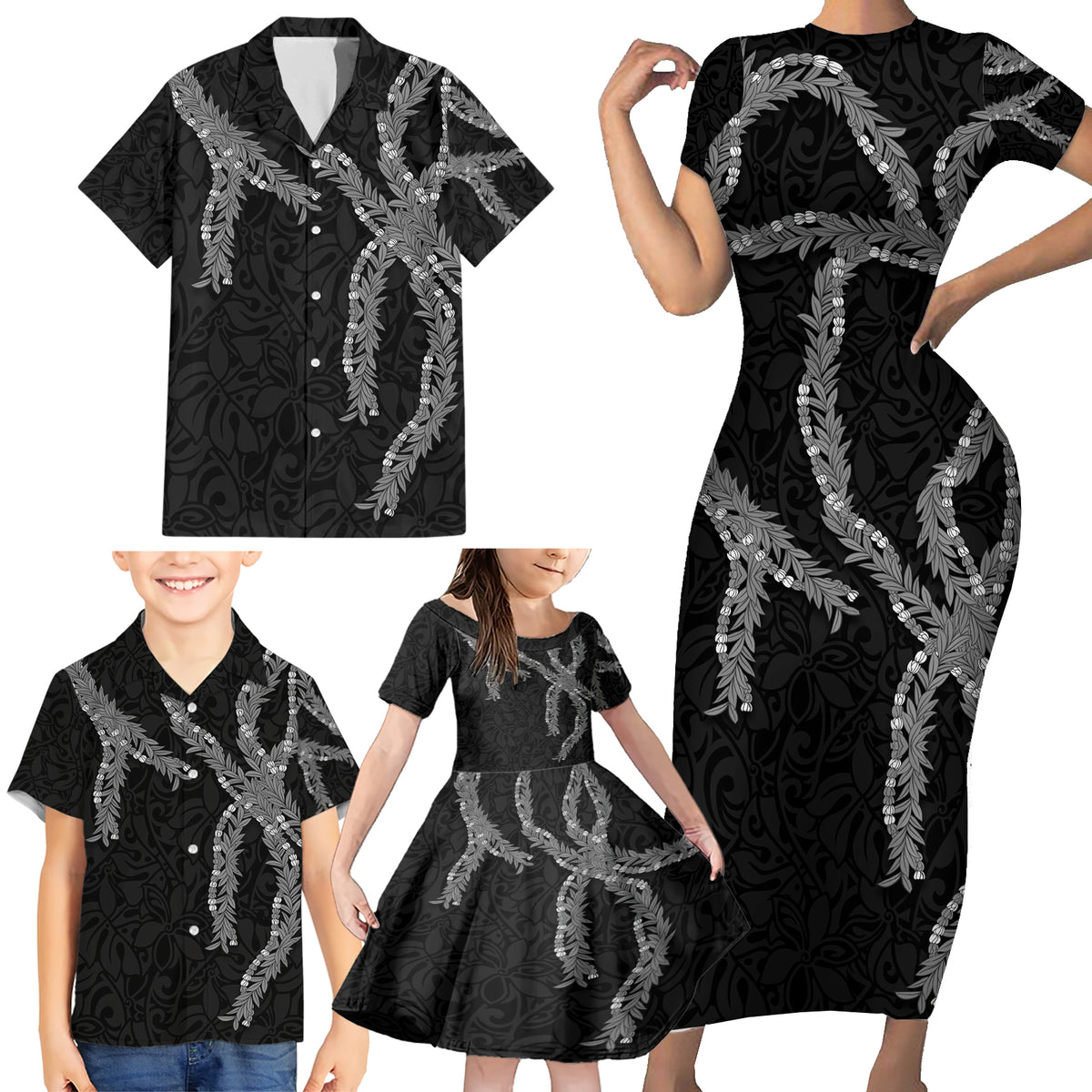 Hawaii Maile Lei Family Matching Short Sleeve Bodycon Dress and Hawaiian Shirt Aloha Grayscale Color LT03 - Polynesian Pride