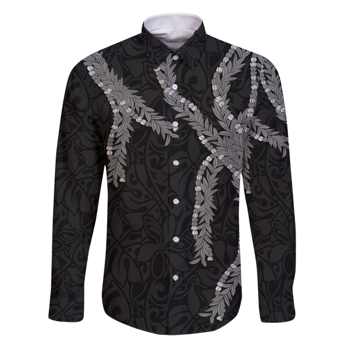 Hawaii Maile Lei Family Matching Short Sleeve Bodycon Dress and Hawaiian Shirt Aloha Grayscale Color LT03 Dad's Shirt - Long Sleeve Grayscale - Polynesian Pride