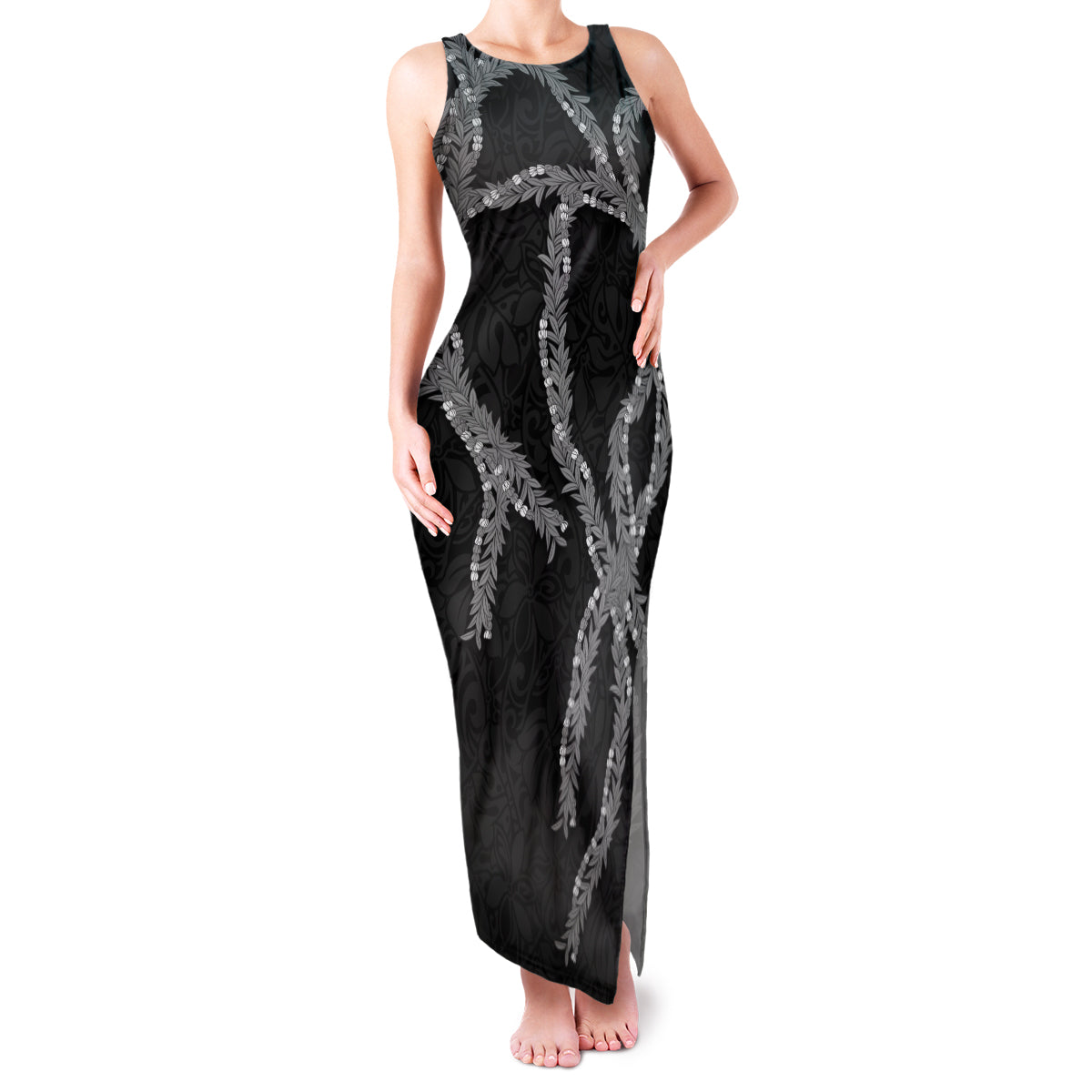 Hawaii Maile Lei Family Matching Tank Maxi Dress and Hawaiian Shirt Aloha Grayscale Color