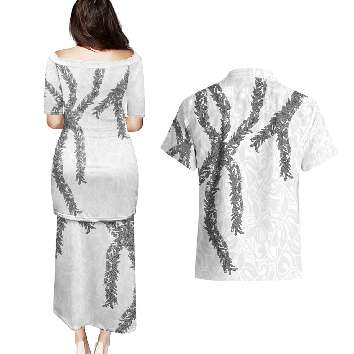 Hawaii Maile Lei Couples Matching Puletasi and Hawaiian Shirt Aloha The Grey Color