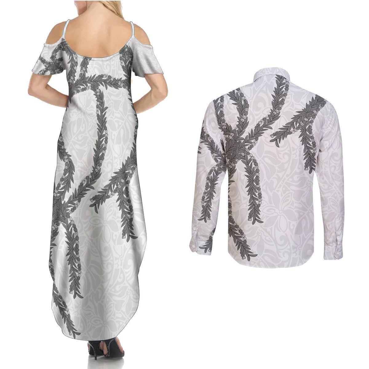 Hawaii Maile Lei Couples Matching Summer Maxi Dress and Long Sleeve Button Shirt Aloha The Grey Color