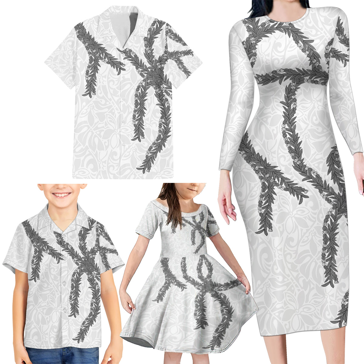 Hawaii Maile Lei Family Matching Long Sleeve Bodycon Dress and Hawaiian Shirt Aloha The Grey Color LT03 - Polynesian Pride